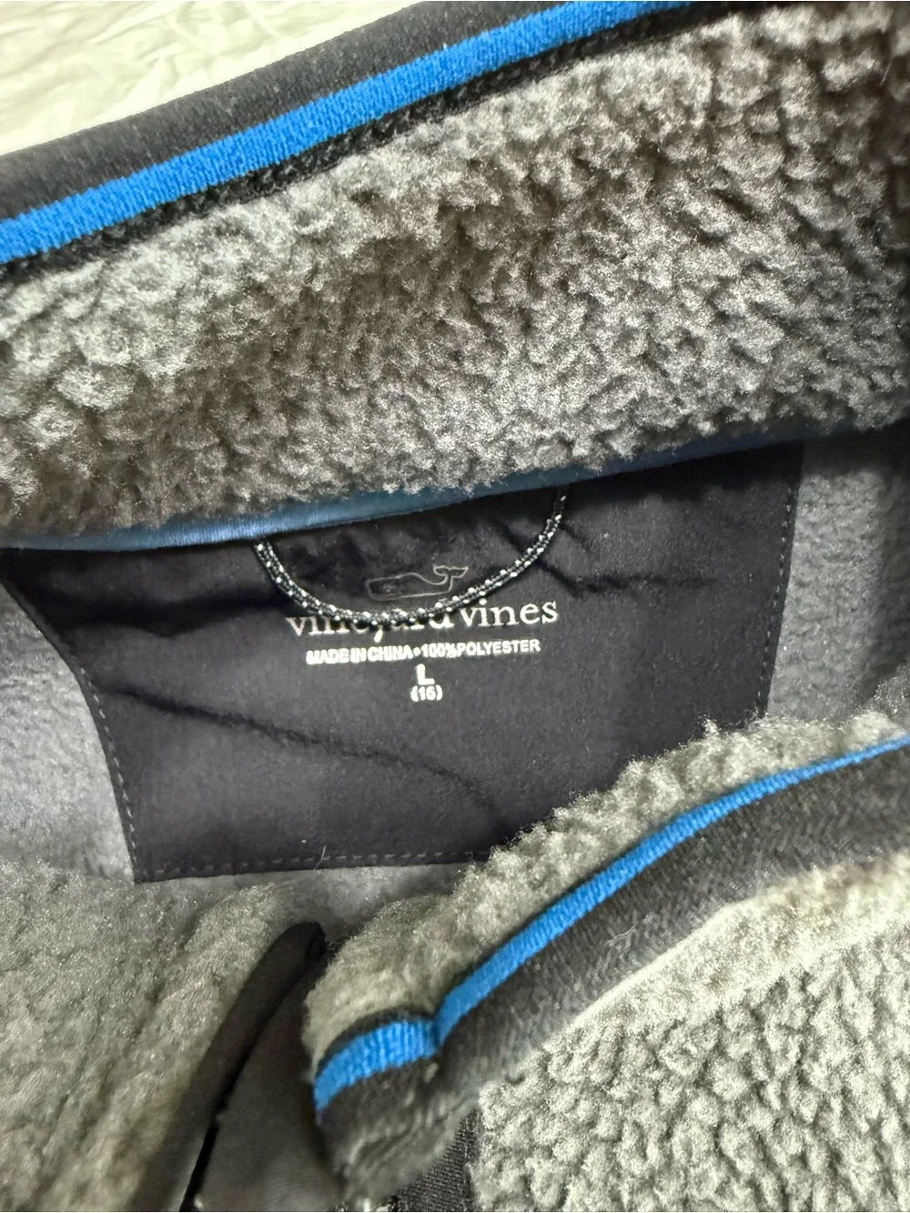 Vineyard Vines Gray Sherpa Fleece Vest with Black Pocket Trim